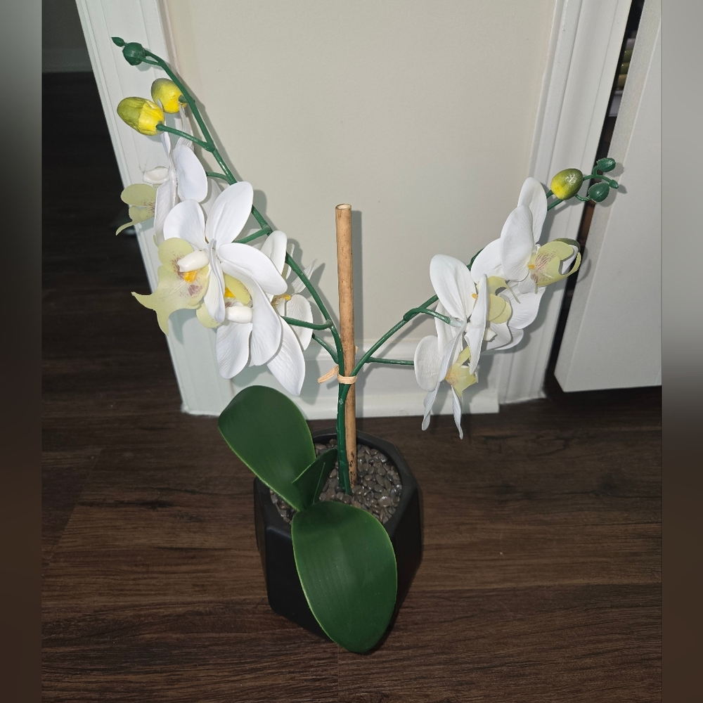 Elegant White Faux Orchid in Black Pot